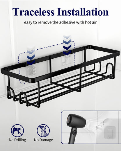 Kitsure Shower Caddy - 2 Pack Rustproof Stainless Steel Bathroom Organiser, Wall-Mounted Shower Shelf with 4 Hooks for Bathroom Storage, Minimalist Style, Large Capacity, 10.0 x 29.5 x 5.5 cm, Black AU4167