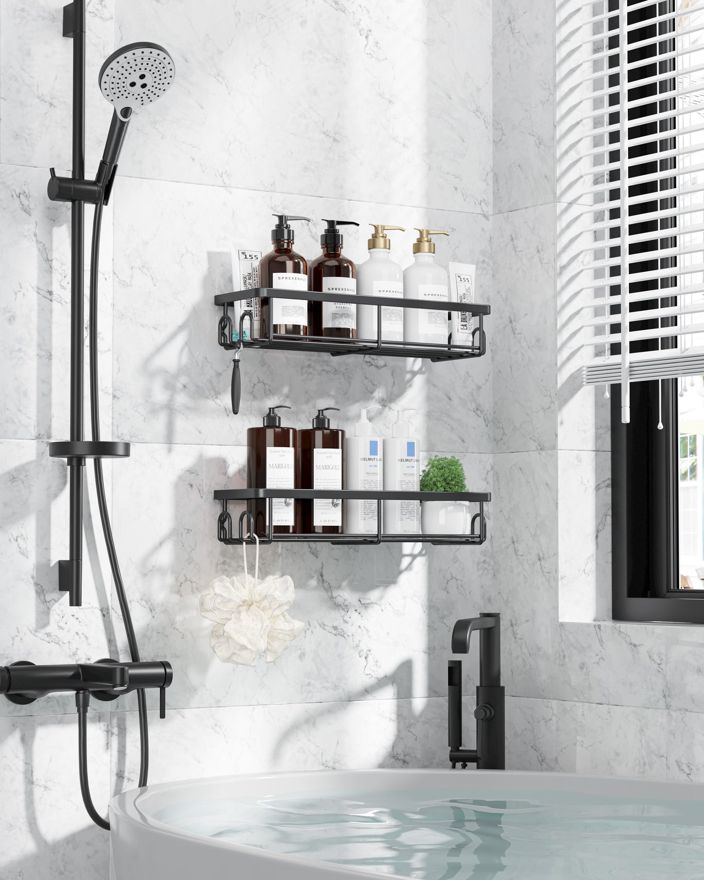 Kitsure Shower Caddy - 2 Pack Rustproof Stainless Steel Bathroom Organiser, Wall-Mounted Shower Shelf with 4 Hooks for Bathroom Storage, Minimalist Style, Large Capacity, 10.0 x 29.5 x 5.5 cm, Black AU4167