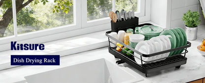 Kitsure Dish Drying Rack for Kitchen Counter, Stainless Steel Sink Organization and Storage Essentials with Cutlery Holder, Home and Appartment Decor, 12''W x 15.5''L, Black