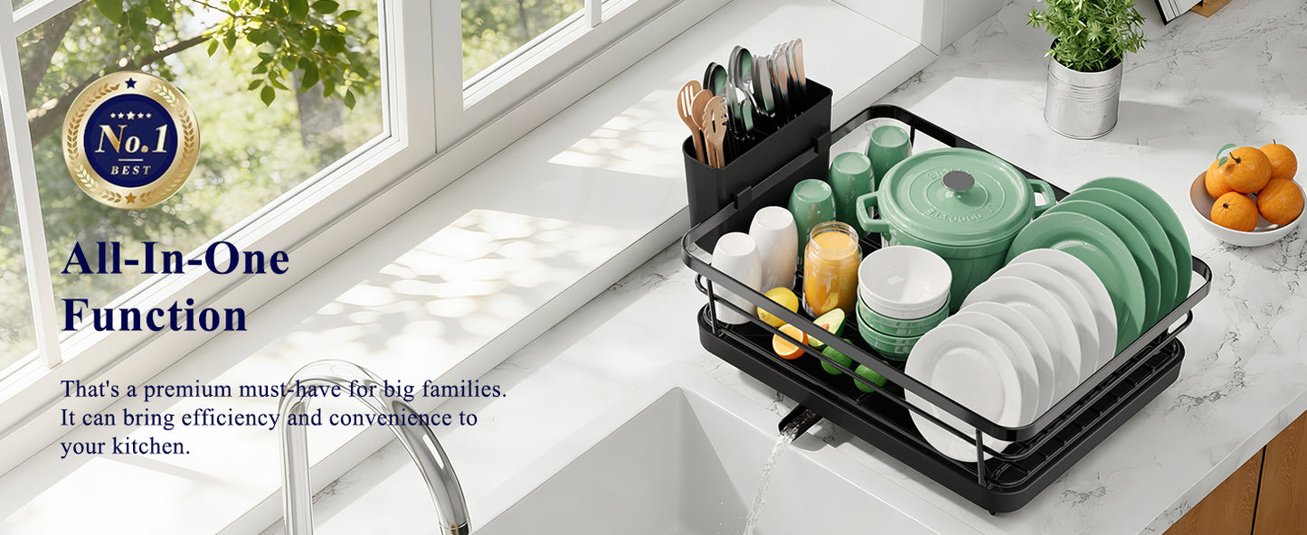 Kitsure Dish Drying Rack for Kitchen Counter, Stainless Steel Sink Organization and Storage Essentials with Cutlery Holder, Home and Appartment Decor, 12''W x 15.5''L, Black