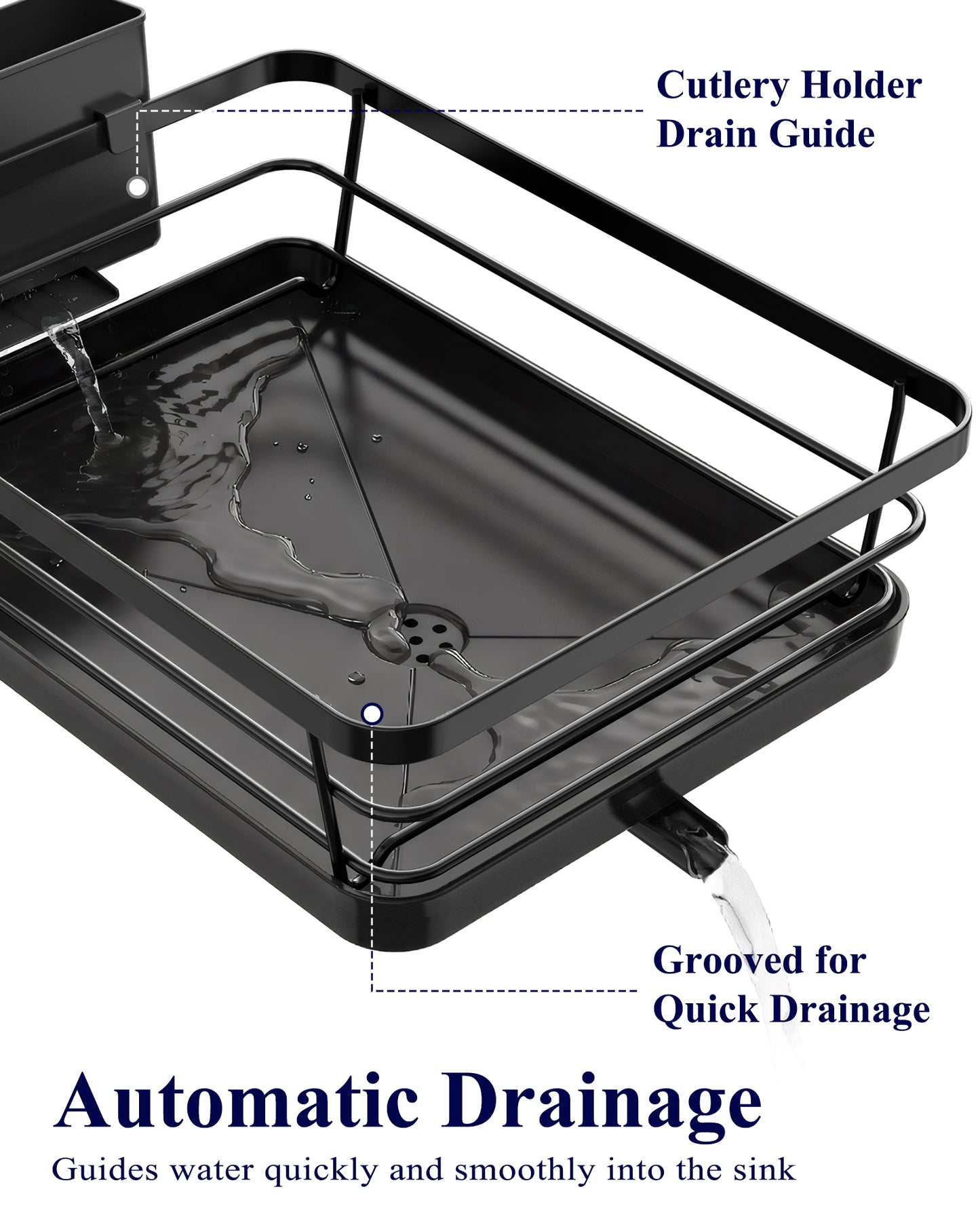 Kitsure Dish Drying Rack for Kitchen Counter, Stainless Steel Sink Organization and Storage Essentials with Cutlery Holder, Home and Appartment Decor, 12''W x 15.5''L, Black