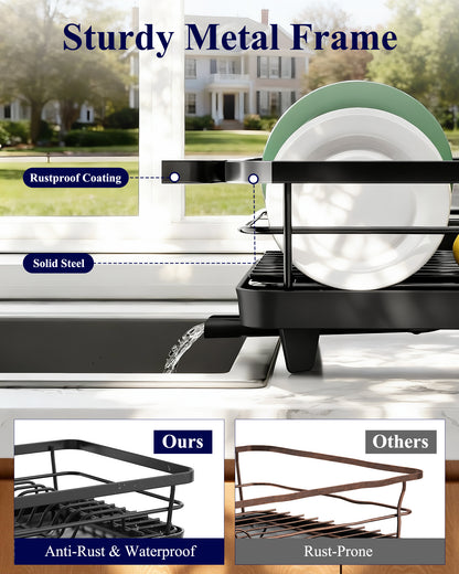 Kitsure Dish Drying Rack for Kitchen Counter, Stainless Steel Sink Organization and Storage Essentials with Cutlery Holder, Home and Appartment Decor, 12''W x 15.5''L, Black