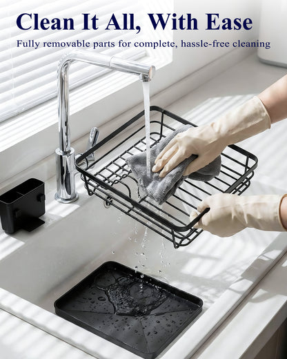 Kitsure Dish Drying Rack for Kitchen Counter, Stainless Steel Sink Organization and Storage Essentials with Cutlery Holder, Home and Appartment Decor, 12''W x 15.5''L, Black
