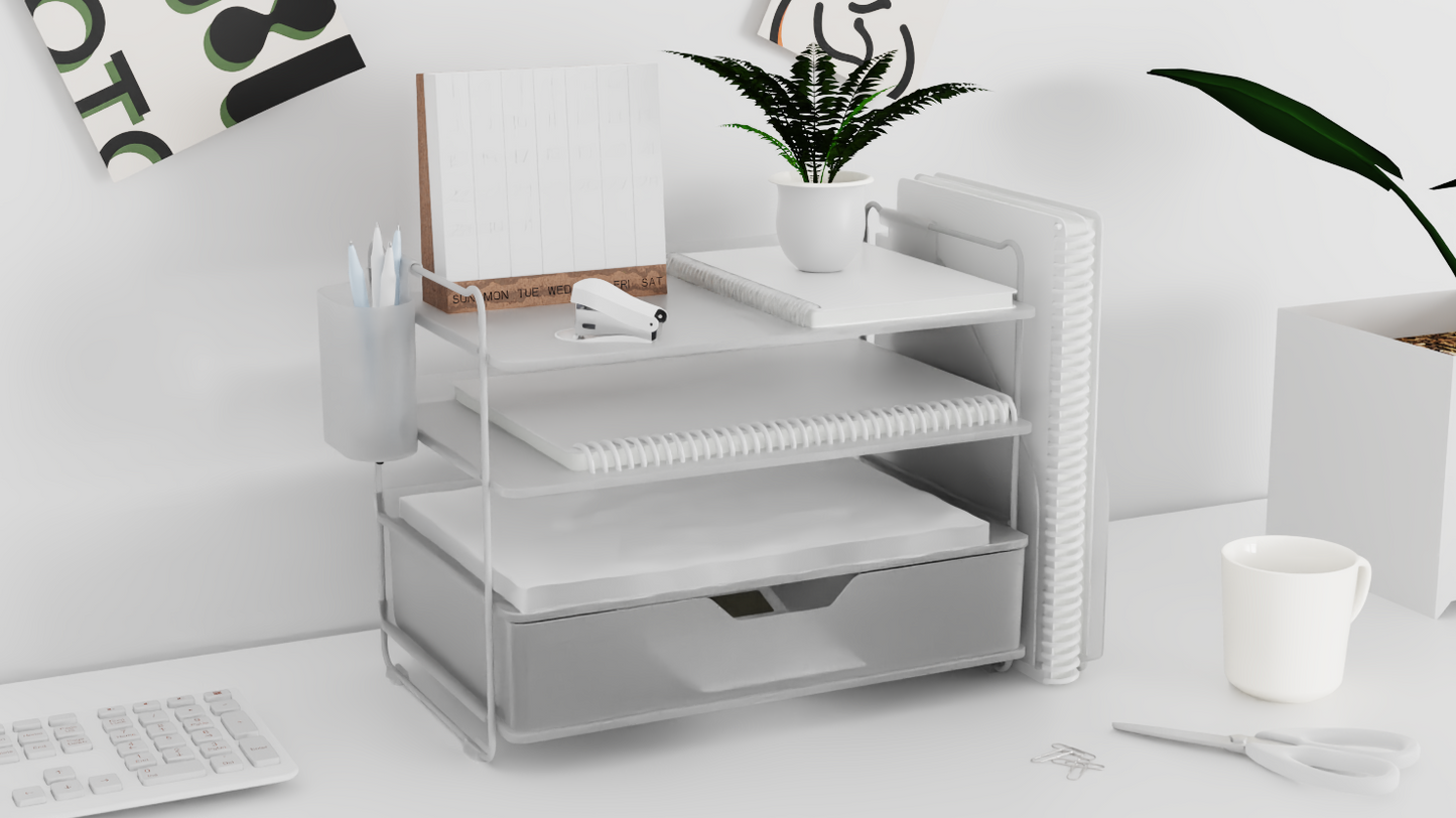 Kitsure Metal Desk File Organizer, Multi-Tier Letter Tray Paper Sorter for Office and Home, A4 Document Holder with Sliding Drawer and Pen Holder, Black Desktop File Rack