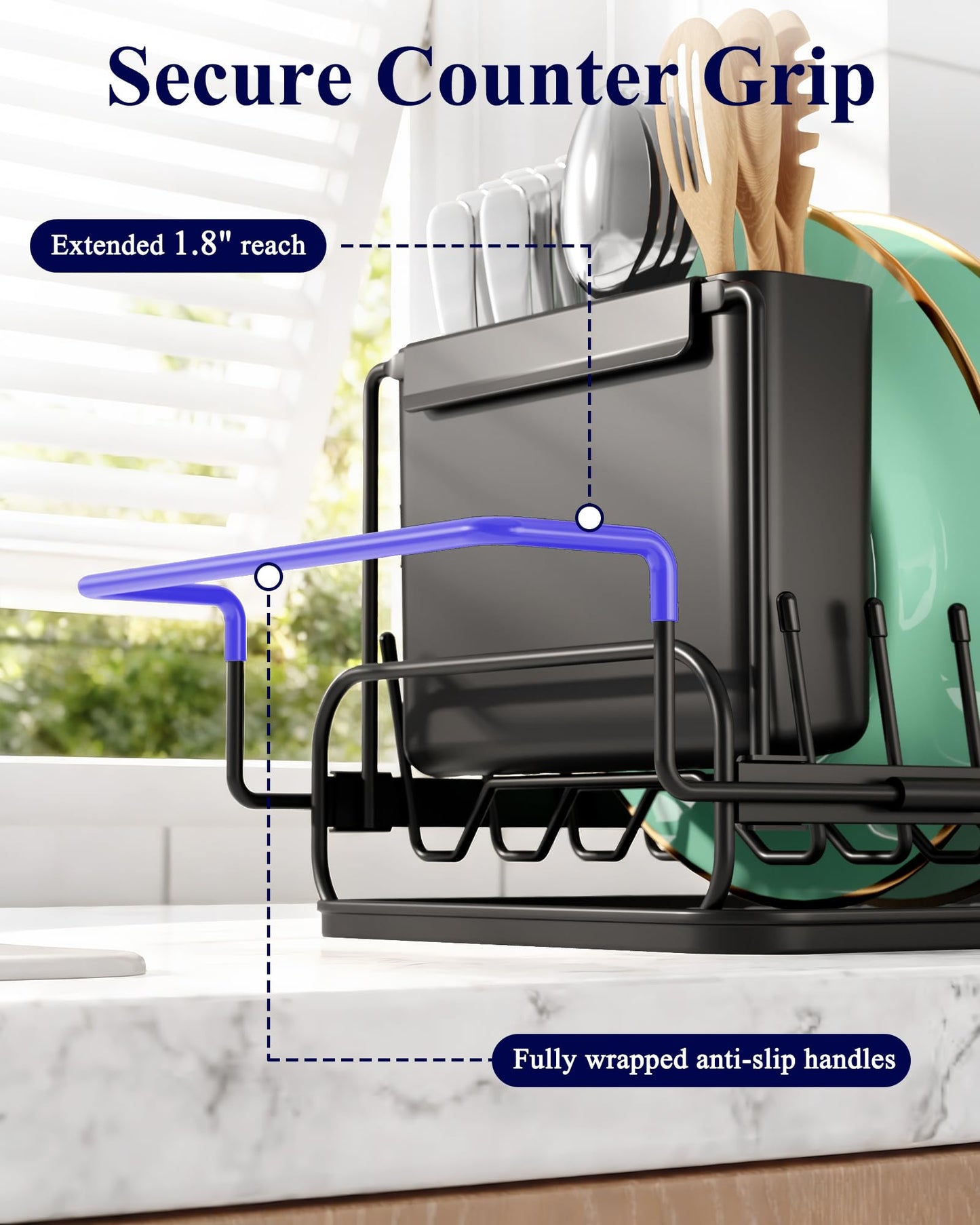 Kitsure Dish Drying Rack - Expandable Dish Rack for Kitchen Counter, Over Sink Or in Sink, Space-Saving Plates Dryer with Cutlery Holder & Drip Tray, 14.0"-20.9" L x 6.3" W x 8.0" H, Black