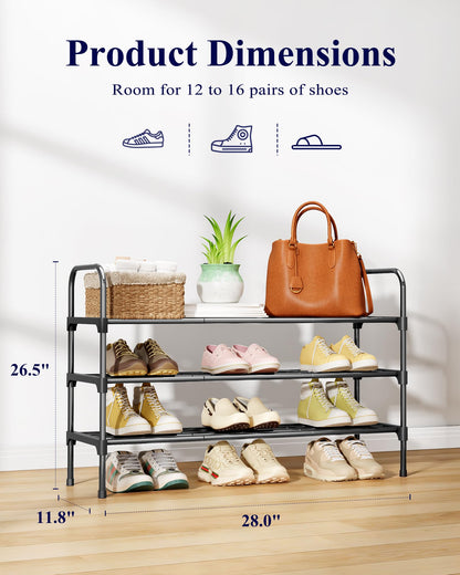 Kitsure Shoe Rack - 3-Tier Space-Saving Shoe Organizer & Shoe Shelf with Handle, Easy Assembly, Sturdy Metal Shoe Rack for Closet, Entryway, Bedroom, 28.0" x 11.8" x 26.5", Black