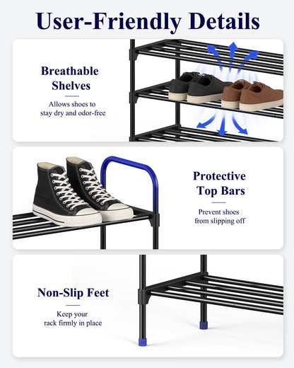 Kitsure Shoe Rack - 3-Tier Space-Saving Shoe Organizer & Shoe Shelf with Handle, Easy Assembly, Sturdy Metal Shoe Rack for Closet, Entryway, Bedroom, 28.0" x 11.8" x 26.5", Black