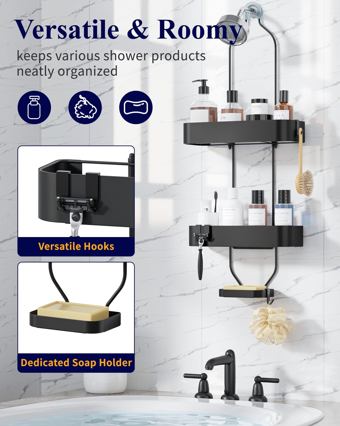 Kitsure Shower Caddy Hanging - No-Drill Bathroom Organizers and Storage, Wobble-Free Bathroom Shelves with Adhesive Tapes, Rust-Proof Shower Storage for Toiletries, Black, 28.5" H