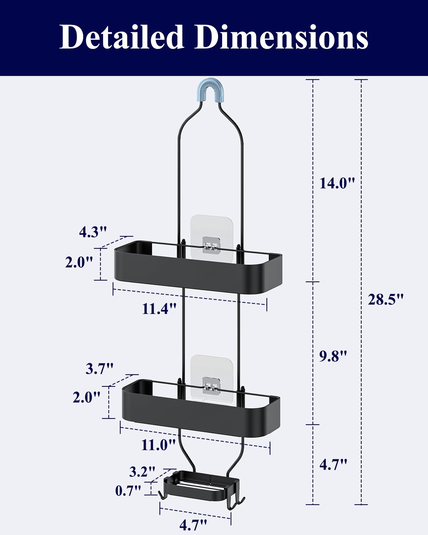 Kitsure Shower Caddy Hanging - No-Drill Bathroom Organizers and Storage, Wobble-Free Bathroom Shelves with Adhesive Tapes, Rust-Proof Shower Storage for Toiletries, Black, 28.5" H
