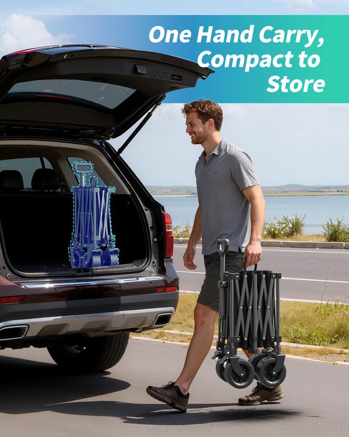 45.5" L Kitsure Collapsible Wagon - Heavy Duty Foldable Wagon with 440lbs Capacity, Adjustable Handle, Shopping Cart with Wheels for Camping, Groceries, Black, 45.5" x 24.0" x 38.0"