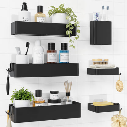 Kitsure Shower Caddy Adhesive - 6-Pack, No-Drilling Shower Shelves with Soap Holder, Toothbrush Holde, 6 Hooks, Rustproof & Stylish Bathroom Organizers and Storage Solution, Black, Large