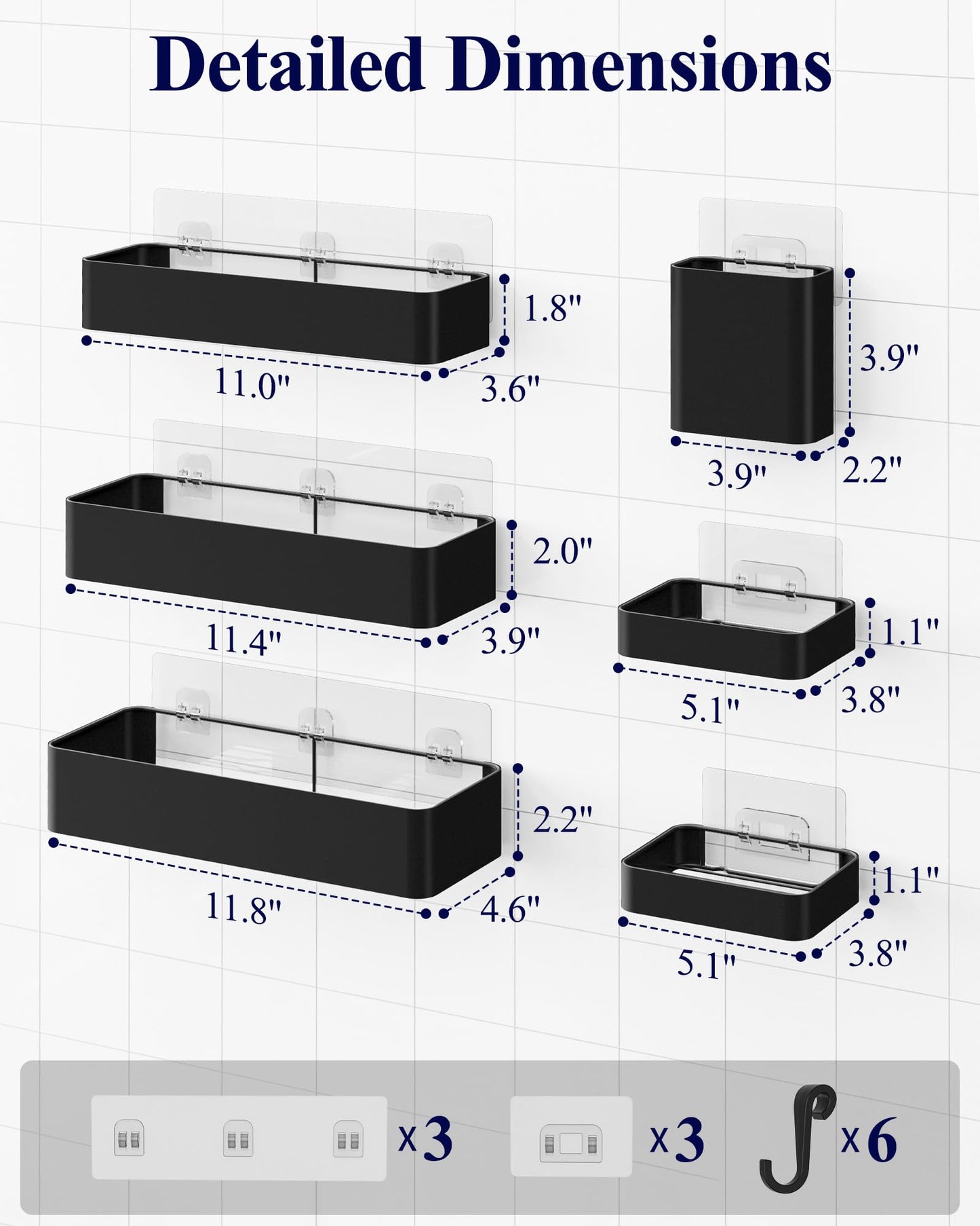 Kitsure Shower Caddy Adhesive - 6-Pack, No-Drilling Shower Shelves with Soap Holder, Toothbrush Holde, 6 Hooks, Rustproof & Stylish Bathroom Organizers and Storage Solution, Black, Large