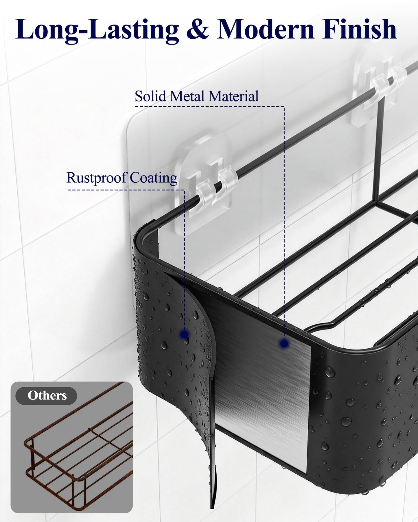 Kitsure Shower Caddy Adhesive - 6-Pack, No-Drilling Shower Shelves with Soap Holder, Toothbrush Holde, 6 Hooks, Rustproof & Stylish Bathroom Organizers and Storage Solution, Black, Large
