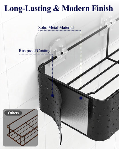 Kitsure Shower Caddy Adhesive - 6-Pack, No-Drilling Shower Shelves with Soap Holder, Toothbrush Holde, 6 Hooks, Rustproof & Stylish Bathroom Organizers and Storage Solution, Black, Large
