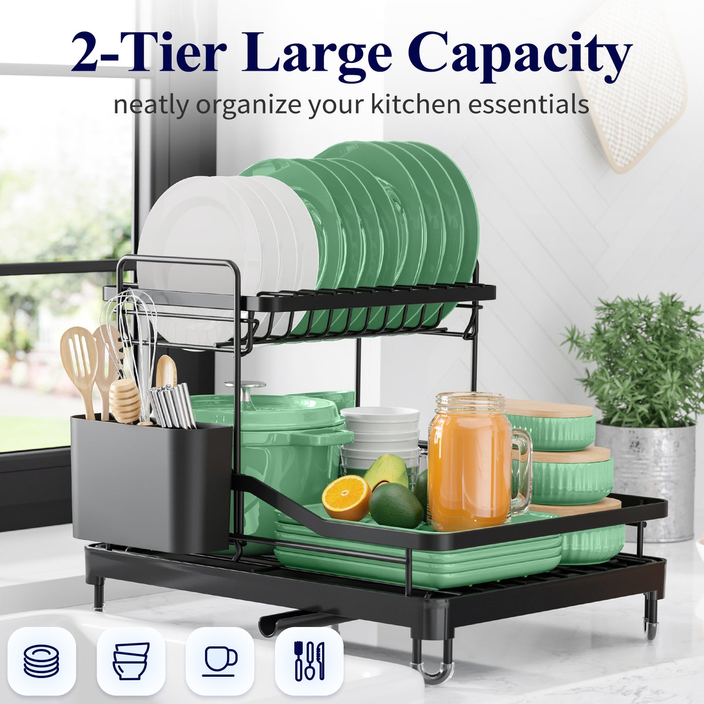 Kitsure Dish Drying Rack - Dish Racks for Kitchen Counter, 2-Tier Dish Rack w/a Cutlery Holder, Compact Dish Drainers for Kitchen Counter, Stainless Drying Rack for Kitchen（4033）