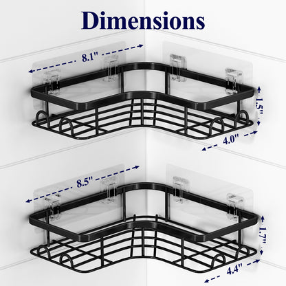 Kitsure Corner Shower Caddy - 2 Pack Rustproof Shower Organizer, Durable Shower Shelves with Large Capacity, Drill-Free Adhesive Shower Rack with 4 Movable Hooks, a Soap Holder（ 4157）