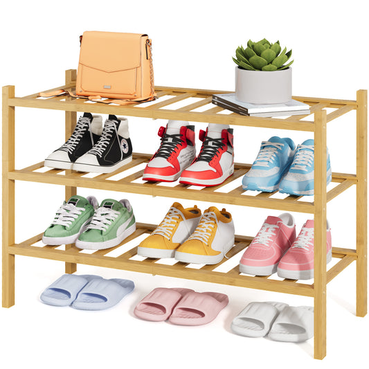 Kitsure Bamboo Wooden Shoe Rack for Closet - Stackable Shoe Organizer with Modular Structure, Space-Saving Shoe Shelf for Entryway, Living Room, Bedroom, 26.8" x 11" x 18.9", Natural