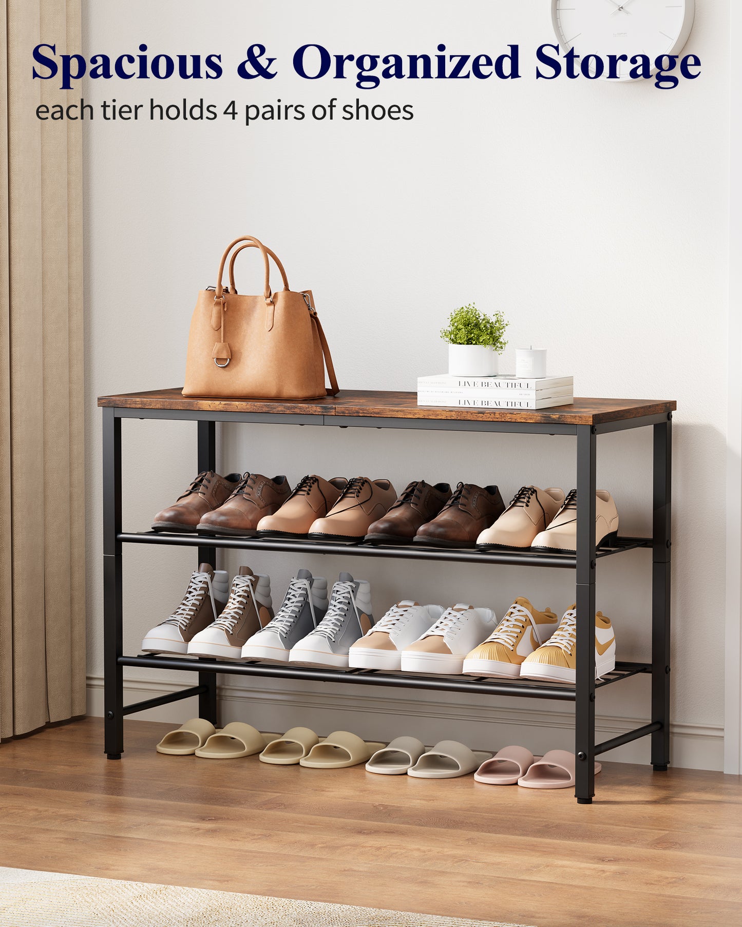 Kitsure 3-Tier Metal Shoe Rack with Wooden Top, Sturdy Shoe Organizer for Entryway, Bedroom, Closet, 29.0" x 11.4" x 18.4", Rustic Brown