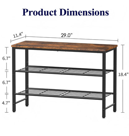 Kitsure 3-Tier Metal Shoe Rack with Wooden Top, Sturdy Shoe Organizer for Entryway, Bedroom, Closet, 29.0" x 11.4" x 18.4", Rustic Brown