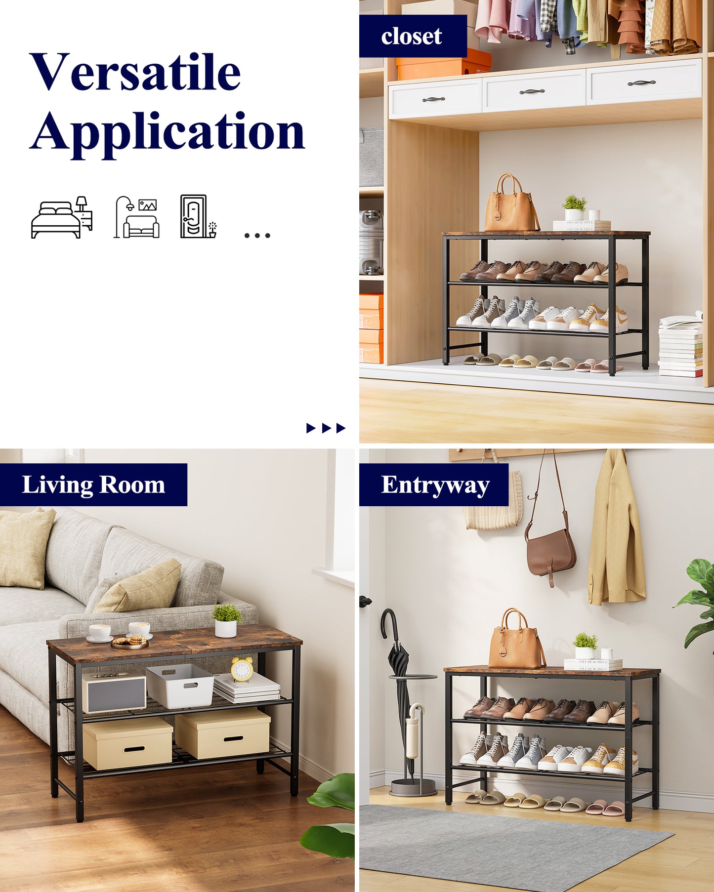 Kitsure 3-Tier Metal Shoe Rack with Wooden Top, Sturdy Shoe Organizer for Entryway, Bedroom, Closet, 29.0" x 11.4" x 18.4", Rustic Brown