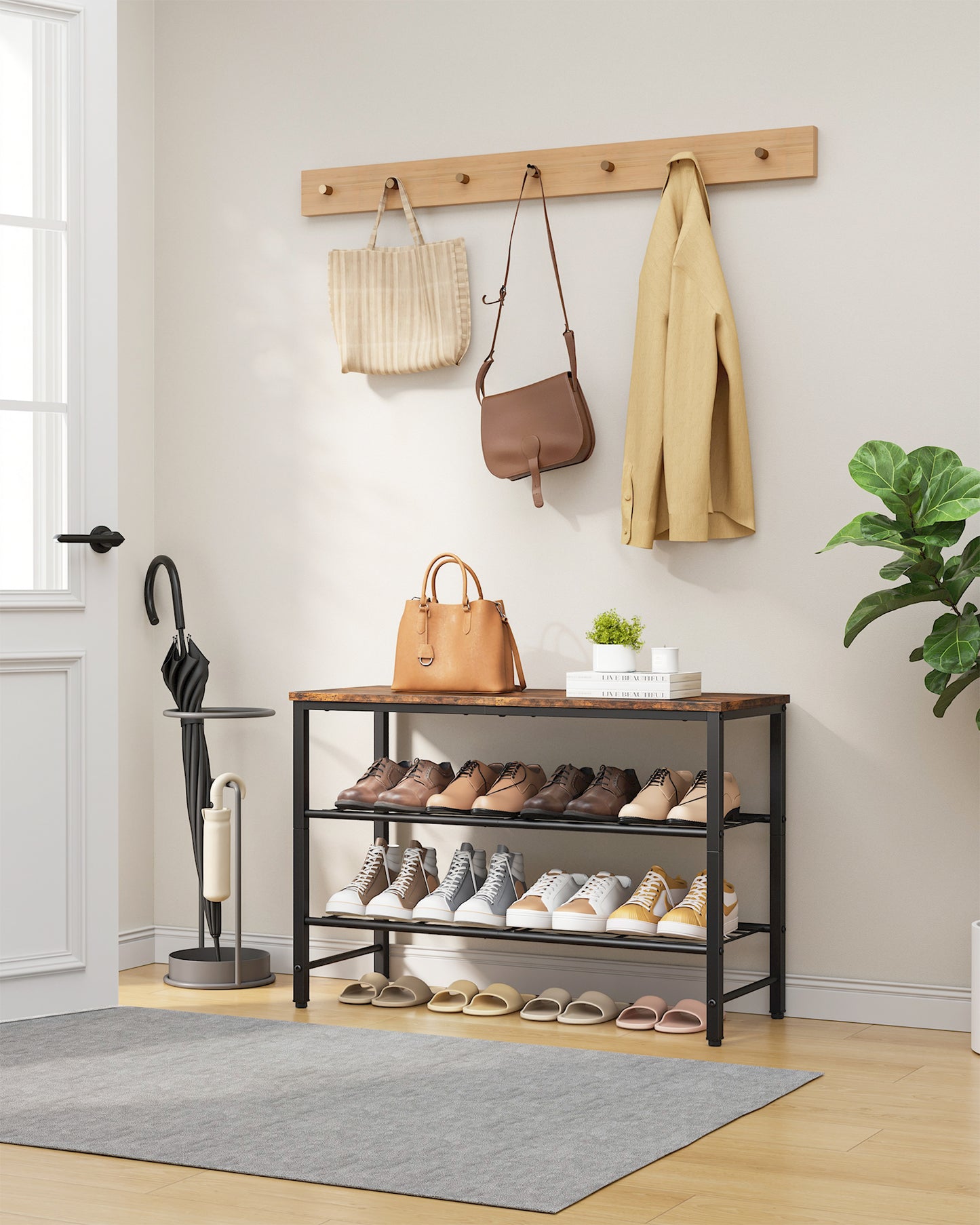 Kitsure 3-Tier Metal Shoe Rack with Wooden Top, Sturdy Shoe Organizer for Entryway, Bedroom, Closet, 29.0" x 11.4" x 18.4", Rustic Brown