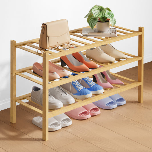 Kitsure Bamboo Wooden Shoe Rack for Closet - Stackable Shoe Organizer with Modular Structure, Space-Saving Shoe Shelf for Entryway, Living Room, Bedroom, 26.9" x 11" x 18.9", Natural
