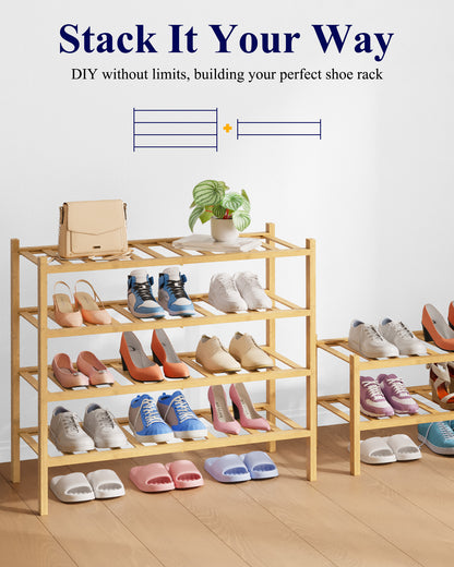 Kitsure Bamboo Wooden Shoe Rack for Closet - Stackable Shoe Organizer with Modular Structure, Space-Saving Shoe Shelf for Entryway, Living Room, Bedroom, 26.9" x 11" x 18.9", Natural