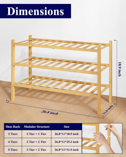 Kitsure Bamboo Wooden Shoe Rack for Closet - Stackable Shoe Organizer with Modular Structure, Space-Saving Shoe Shelf for Entryway, Living Room, Bedroom, 26.9" x 11" x 18.9", Natural