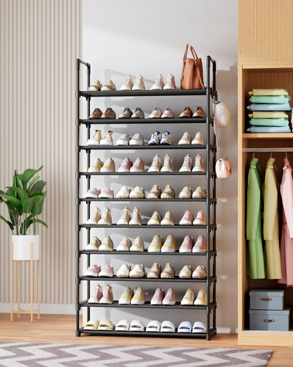 Kitsure Shoe Rack for Closet - 10-Tier Shoe Organizer with Hook Rack, Large-Capacity & Space-Saving Shoe Shelf for Entryway, Bedroom, Living Room,32.2" x 11.8" x 68.5", Black
