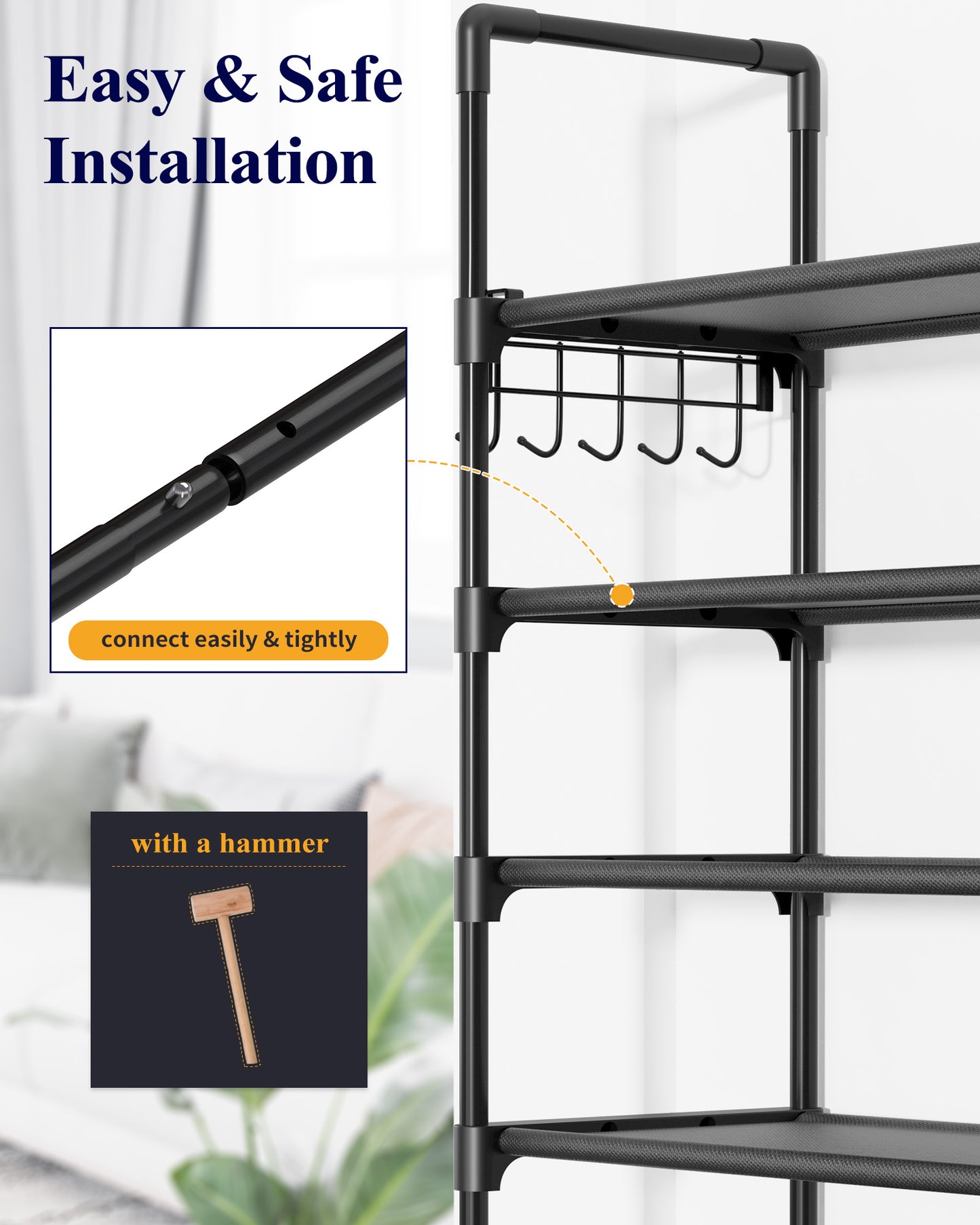 Kitsure Shoe Rack for Closet - 10-Tier Shoe Organizer with Hook Rack, Large-Capacity & Space-Saving Shoe Shelf for Entryway, Bedroom, Living Room,32.2" x 11.8" x 68.5", Black