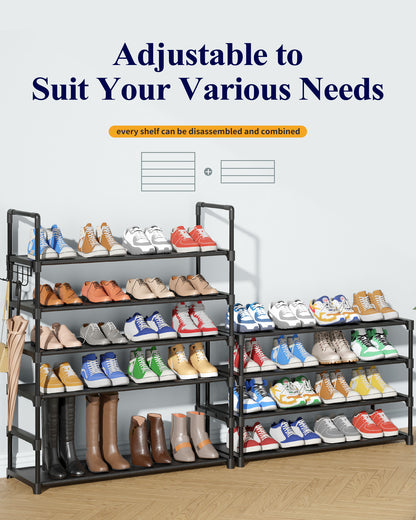 Kitsure Shoe Rack for Closet - 10-Tier Shoe Organizer with Hook Rack, Large-Capacity & Space-Saving Shoe Shelf for Entryway, Bedroom, Living Room,32.2" x 11.8" x 68.5", Black