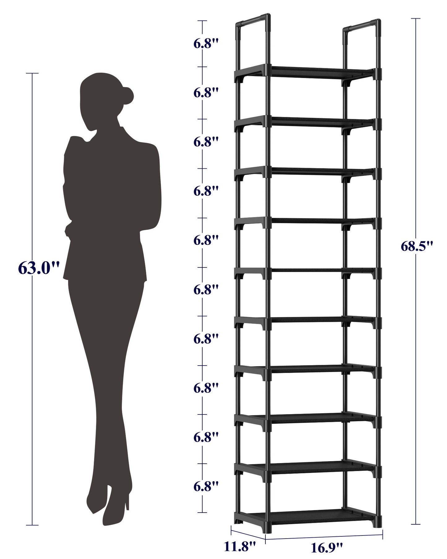 Kitsure Tall Shoe Rack - 10-Tier Shoe Organizer with Removable Shelves, Space-Saving Shoe Rack for Closet, Entrance, Bedroom, 16.9" x 11.5" x 68.0", Black