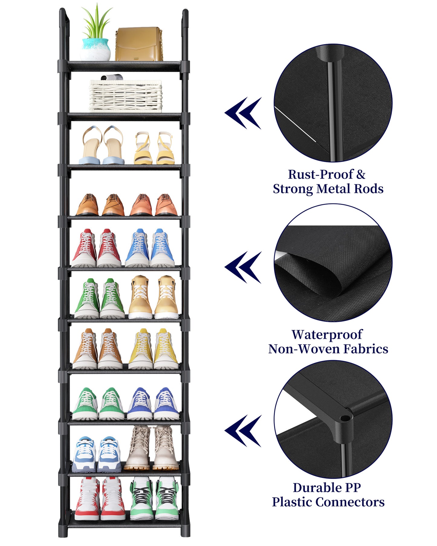 Kitsure Tall Shoe Rack - 10-Tier Shoe Organizer with Removable Shelves, Space-Saving Shoe Rack for Closet, Entrance, Bedroom, 16.9" x 11.5" x 68.0", Black
