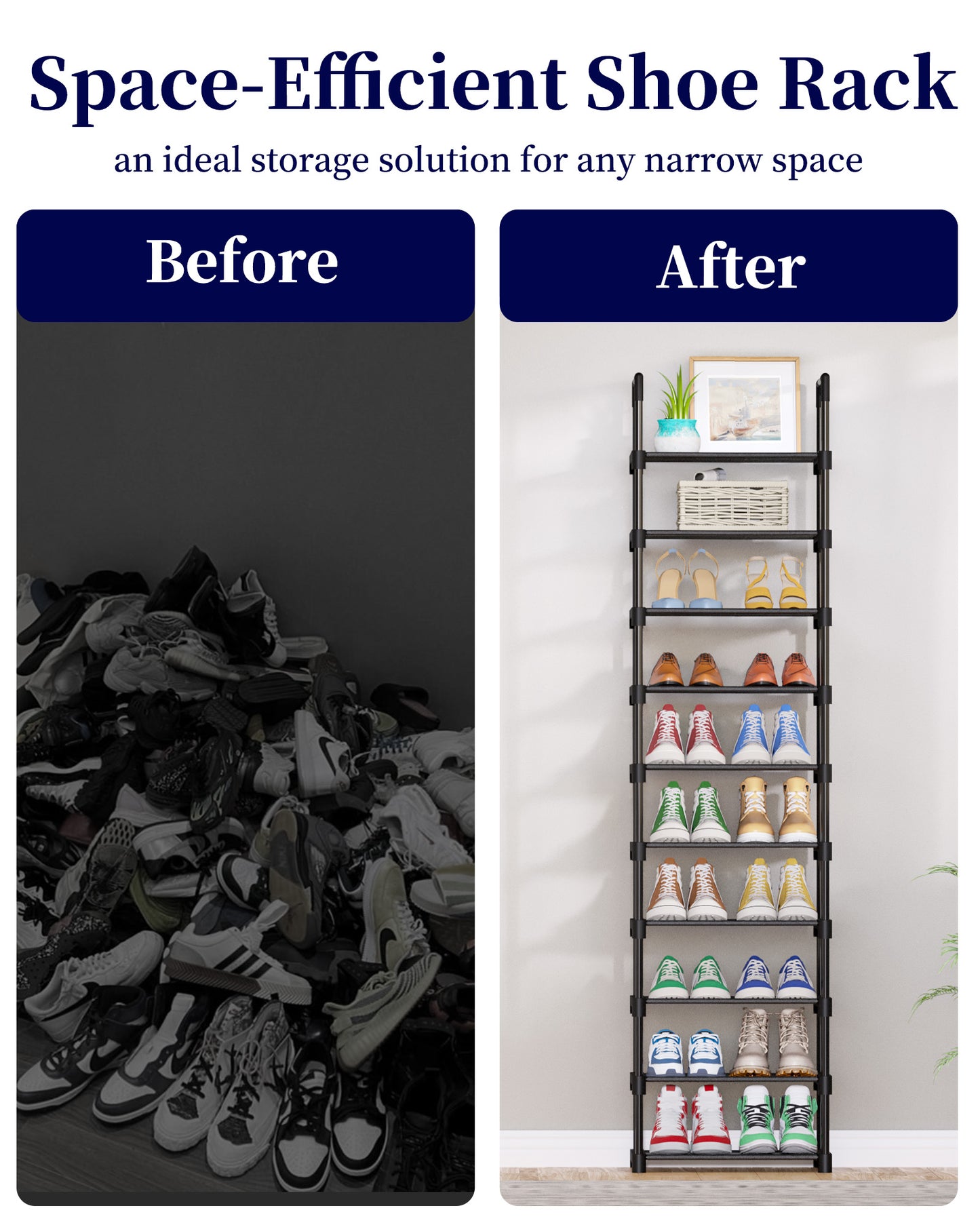 Kitsure Tall Shoe Rack - 10-Tier Shoe Organizer with Removable Shelves, Space-Saving Shoe Rack for Closet, Entrance, Bedroom, 16.9" x 11.5" x 68.0", Black