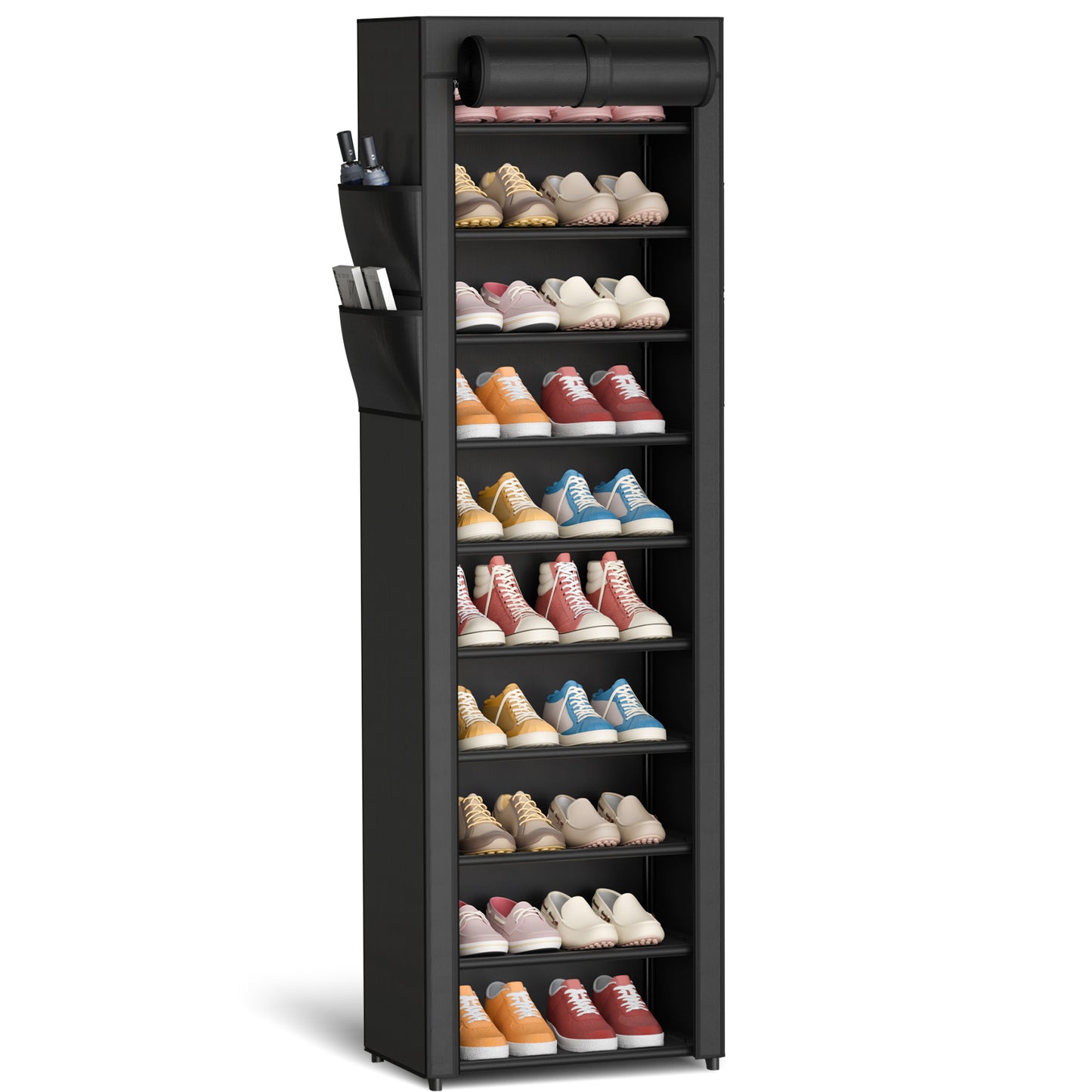 Kitsure Shoe Rack - 10-Tier Large Capacity Shoe Organizer Shelf with Dust Cover & Side Pockets, Rust-Proof Metal Shoe Rack for Closet, Entrance, Living Room, 17.5"×12.4"×69.3", Black