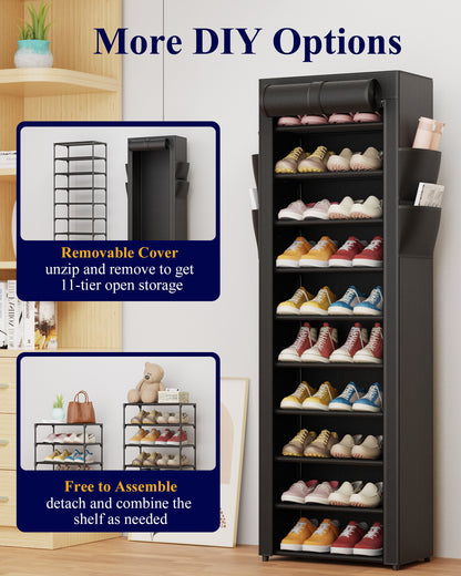 Kitsure Shoe Rack - 10-Tier Large Capacity Shoe Organizer Shelf with Dust Cover & Side Pockets, Rust-Proof Metal Shoe Rack for Closet, Entrance, Living Room, 17.5"×12.4"×69.3", Black
