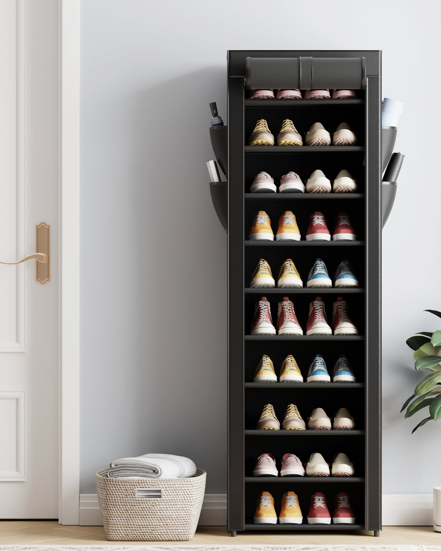 Kitsure Shoe Rack - 10-Tier Large Capacity Shoe Organizer Shelf with Dust Cover & Side Pockets, Rust-Proof Metal Shoe Rack for Closet, Entrance, Living Room, 17.5"×12.4"×69.3", Black