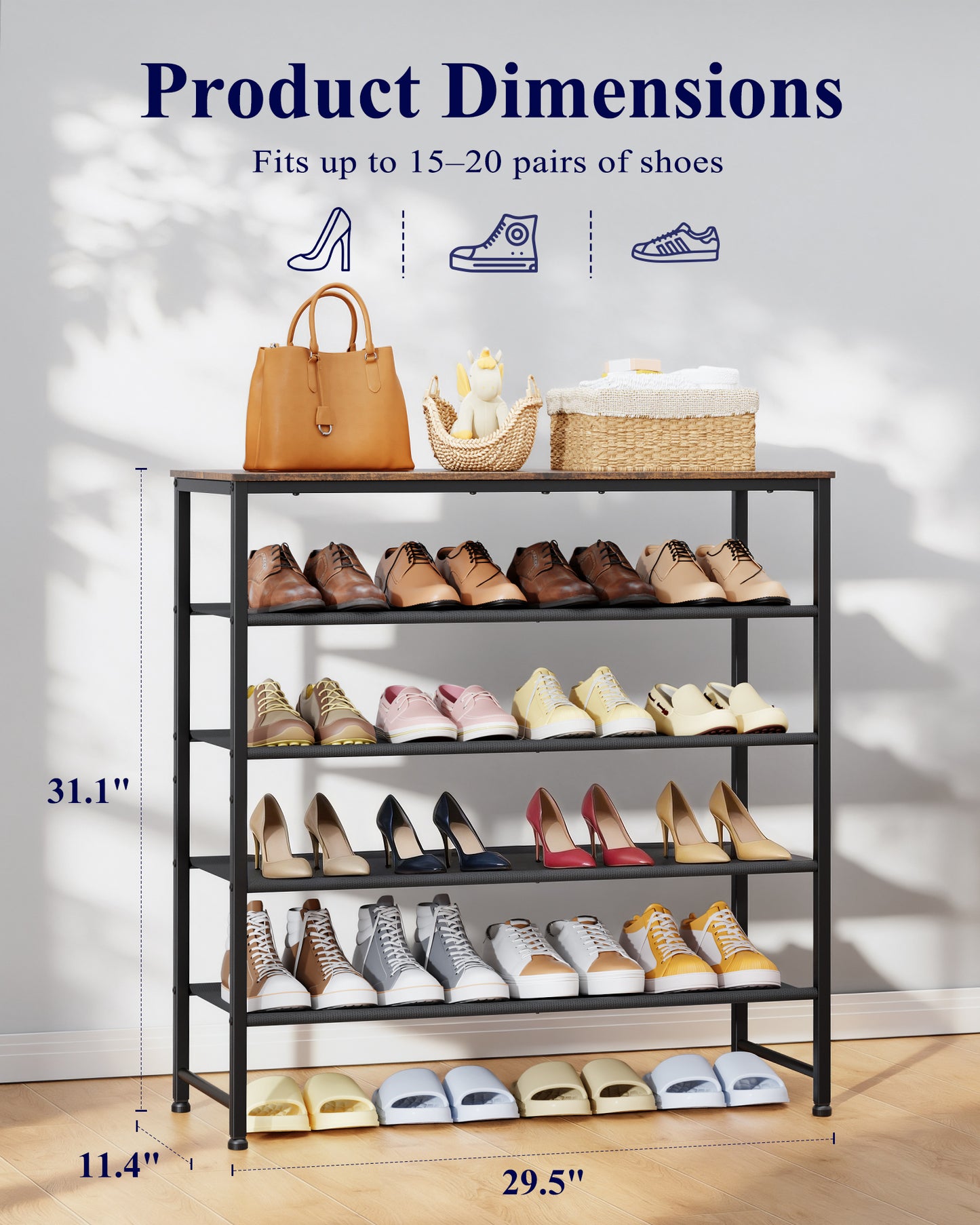Kitsure 5-Tier Shoe Rack for Entryway - Space-Saving Shoe Rack Organizer with Wooden Top, Metal Frame Shoe Storage for Closet, Holds 15–20 Pairs, 29.5" x 11.4" x 31.1"