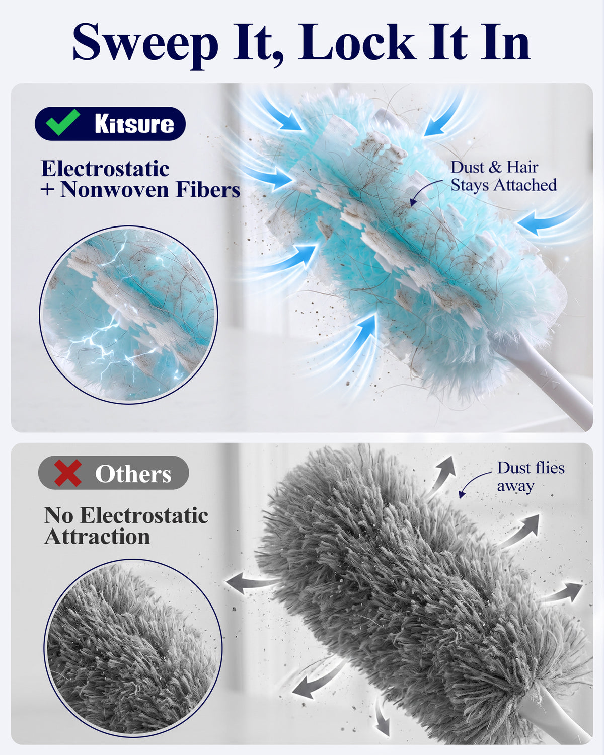 Kitsure Duster Refills for Swiffer Duster, 25 Counts, 1 Handle, 4.9 x 2.6"-360° Coverage, Heavy Duty, Disposable, 4X Microfibers, Static Attraction, for Cleaning Furniture, Keyboards & Car Vents