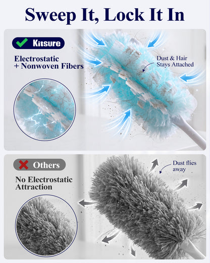 Kitsure Duster Refills for Swiffer Duster, 25 Counts, 1 Handle, 4.9 x 2.6"-360° Coverage, Heavy Duty, Disposable, 4X Microfibers, Static Attraction, for Cleaning Furniture, Keyboards & Car Vents