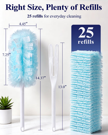 Kitsure Duster Refills for Swiffer Duster, 25 Counts, 1 Handle, 4.9 x 2.6"-360° Coverage, Heavy Duty, Disposable, 4X Microfibers, Static Attraction, for Cleaning Furniture, Keyboards & Car Vents