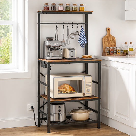Kitsure Coffee Bar with Storage, 4-Tier Bakers Rack with Built-In Power Outlet, Adjustable Shelf, 21.7" x 15.3" x 49.2", Brown