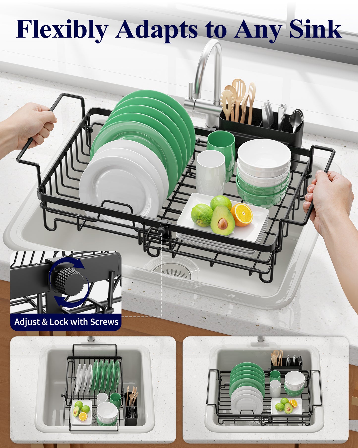 Kitsure Dish Drying Rack – Expandable In-Sink or Over-Sink Dish Rack for Kitchen Counter, Rust-Resistant Metal Dish Strainer with Cutlery Holder, 10.82"-17.12" L x 11.02" W x 3.93" H, Black