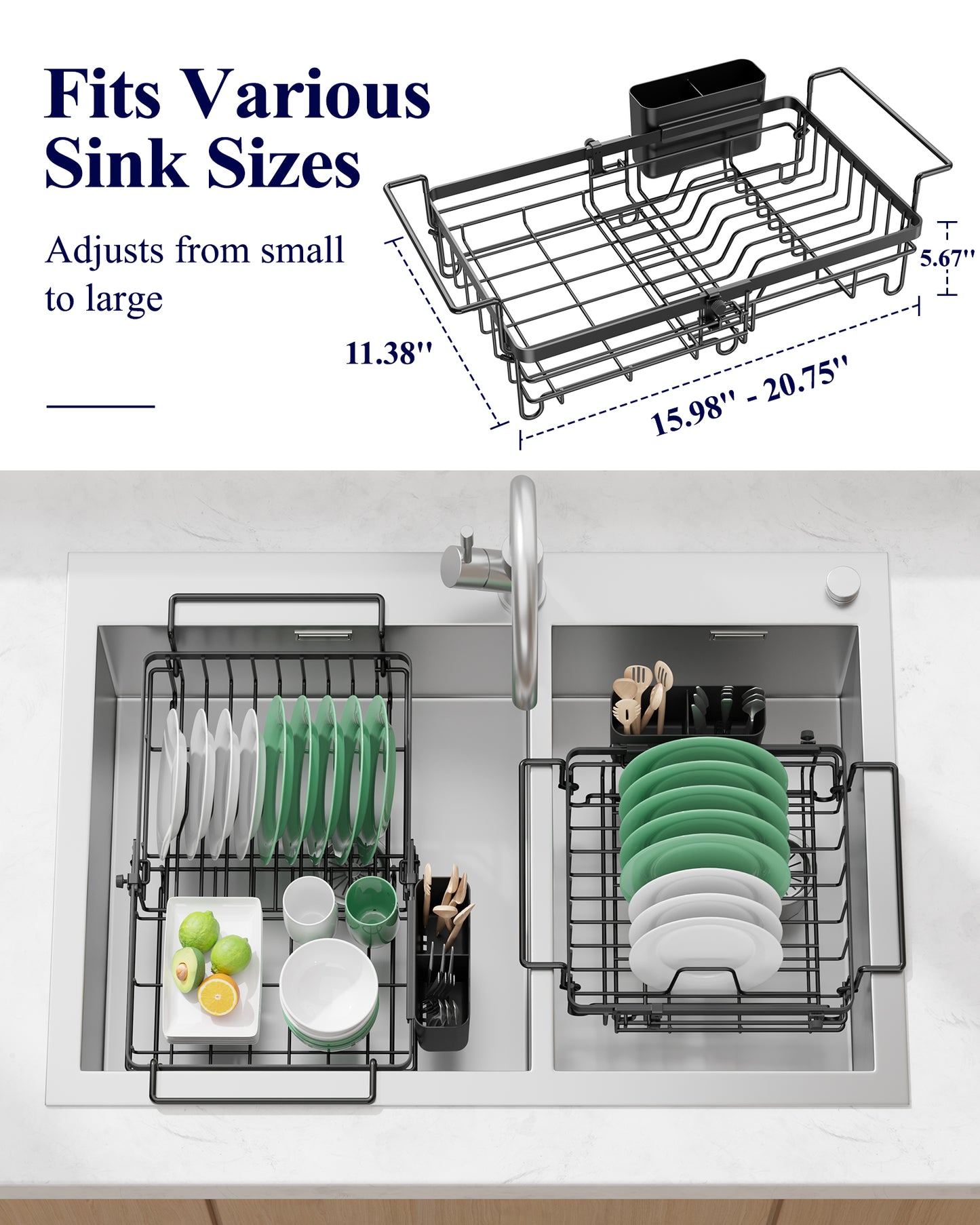 Kitsure Dish Drying Rack – Expandable In-Sink or Over-Sink Dish Rack for Kitchen Counter, Rust-Resistant Metal Dish Strainer with Cutlery Holder, 10.82"-17.12" L x 11.02" W x 3.93" H, Black