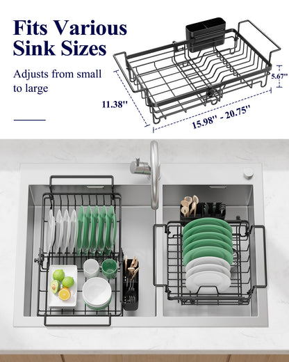 Kitsure Dish Drying Rack – Expandable In-Sink or Over-Sink Dish Rack for Kitchen Counter, Rust-Resistant Metal Dish Strainer with Cutlery Holder, 10.82"-17.12" L x 11.02" W x 3.93" H, Black