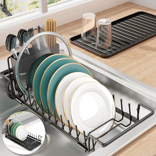 Kitsure Expandable Dish Drying Rack with Drying Tray, Over Sink Dish Rack for Kitchen Counter, Removable Utensils Holder, Fits 14"-20.9" Sink, Black