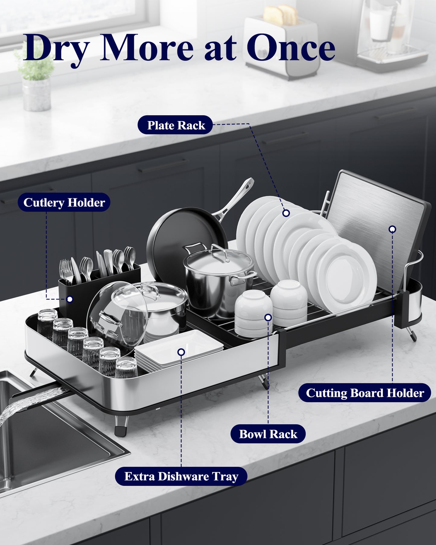 Kitsure Dish Drying Rack - Expandable Stainless Steel Dish Racks for Kitchen Counter, Auto-Drain Drying Rack for Kitchen with Cutlery Holder & Non-Slip Feet, 16.1-26.6" L x 12.6" W, Black