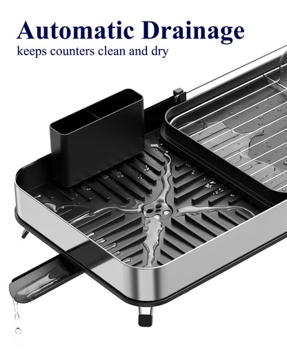 Kitsure Dish Drying Rack - Expandable Stainless Steel Dish Racks for Kitchen Counter, Auto-Drain Drying Rack for Kitchen with Cutlery Holder & Non-Slip Feet, 16.1-26.6" L x 12.6" W, Black