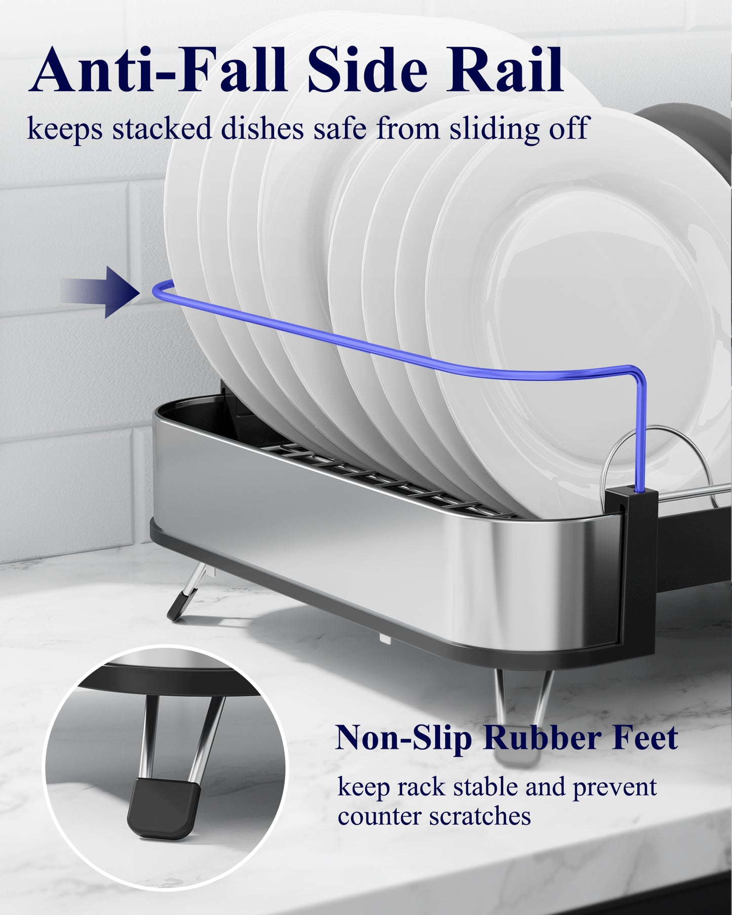 Kitsure Dish Drying Rack - Expandable Stainless Steel Dish Racks for Kitchen Counter, Auto-Drain Drying Rack for Kitchen with Cutlery Holder & Non-Slip Feet, 16.1-26.6" L x 12.6" W, Black