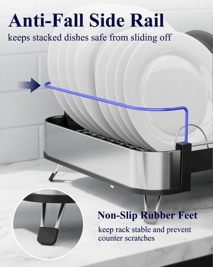 Kitsure Dish Drying Rack - Expandable Stainless Steel Dish Racks for Kitchen Counter, Auto-Drain Drying Rack for Kitchen with Cutlery Holder & Non-Slip Feet, 16.1-26.6" L x 12.6" W, Black